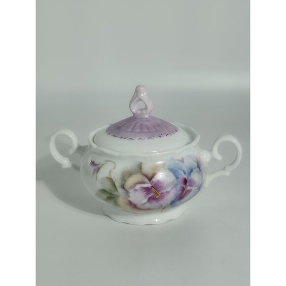 Antique Hand Painted Porcelain Sugar Bowl With Purple Lid & Floral Design - Picture 3 of 12